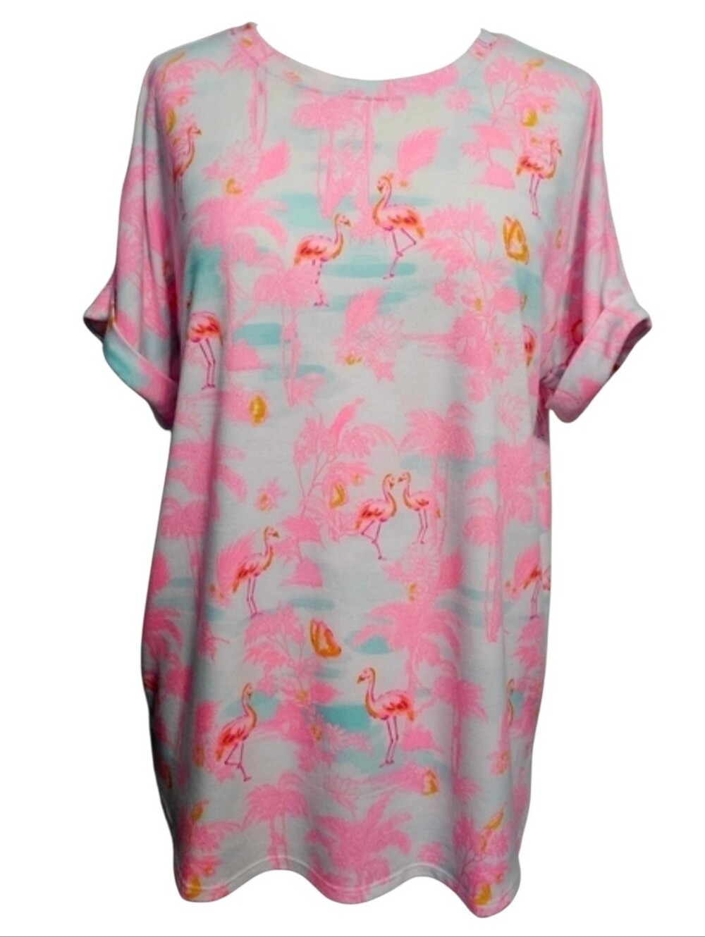 Crown & Ivy Women's Short Sleeve Flamingo Tropical Shirt Sz Medium